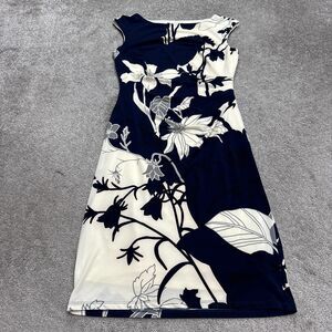 Lauren Ralph Lauren Floral Ruched Sheath Dress Womens 6 Navy White Cap Sleeve